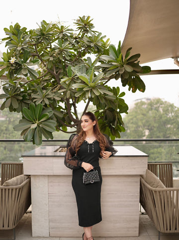 Mesh Sleeves Dress _ Black