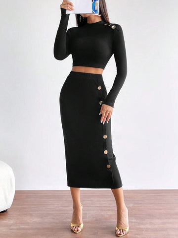 Golden Button Skirt and Shirt_ Black
