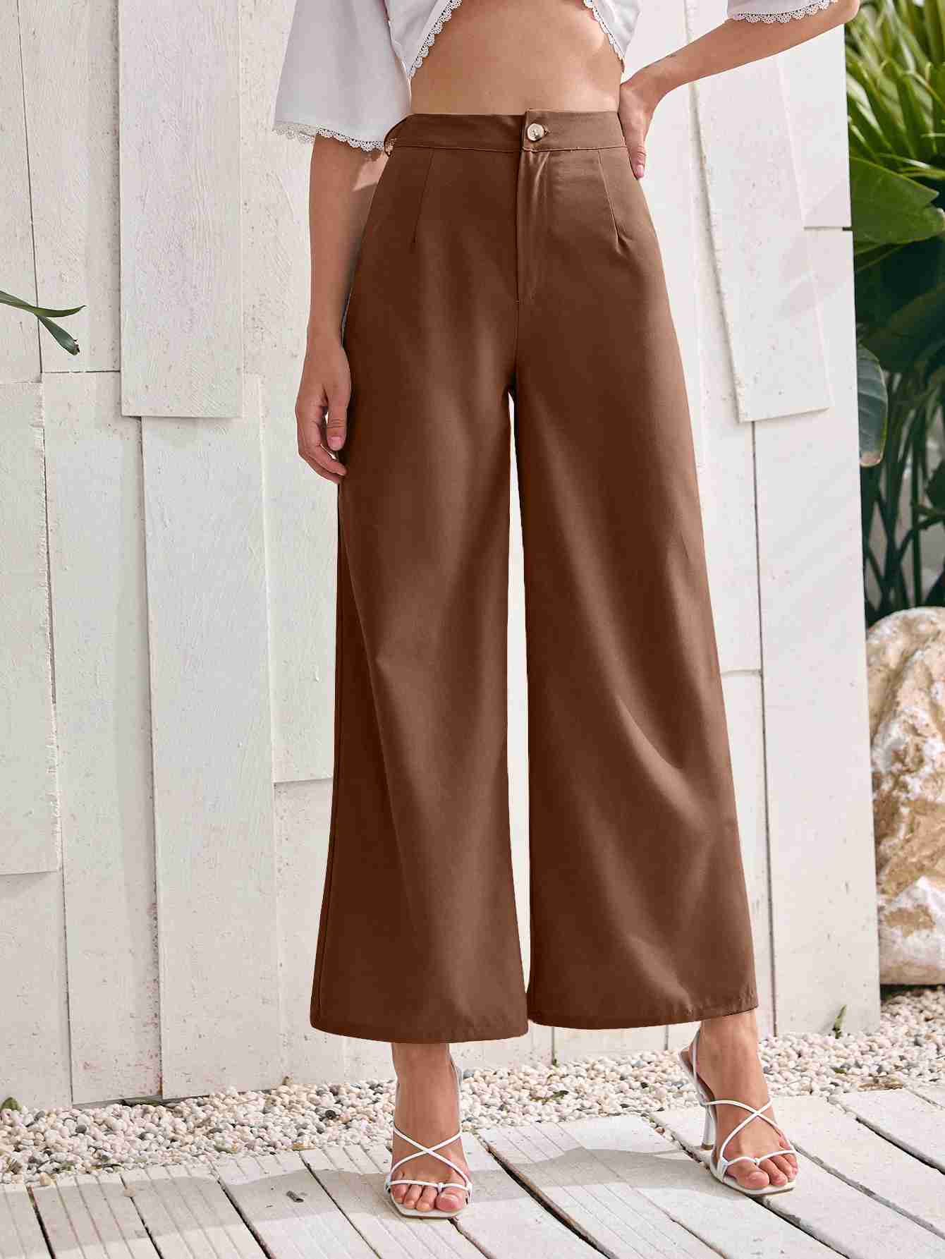 Solid Wide Leg Pants - Brown