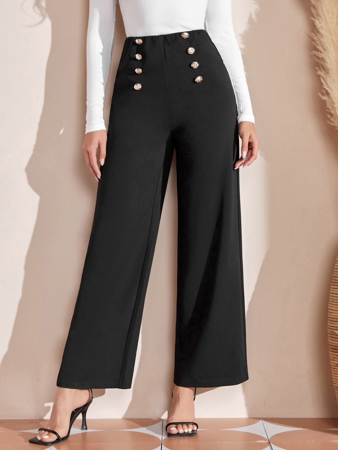 Double Button High Waist Wide Hem Pant_Black