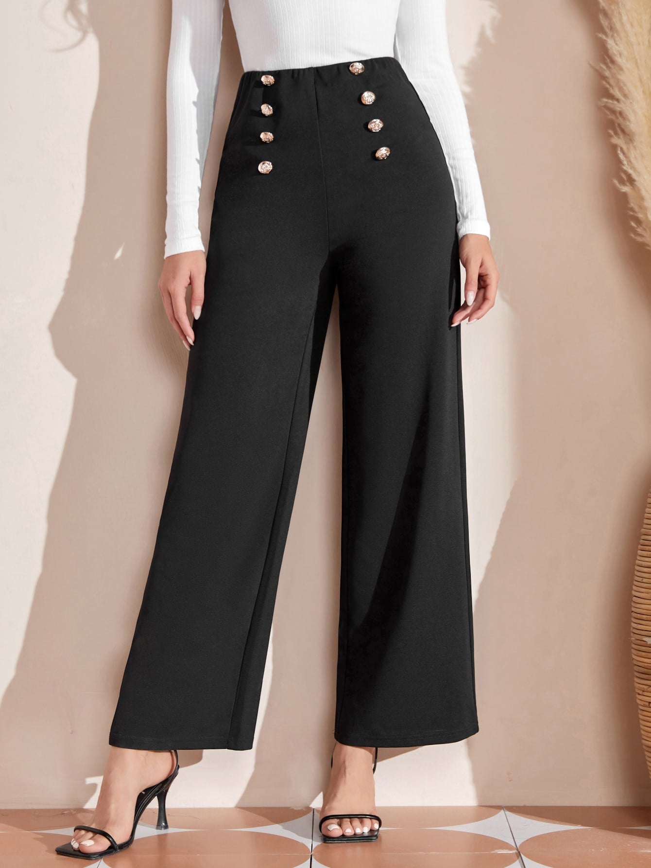 Double Button High Waist Wide Hem Pant_Black