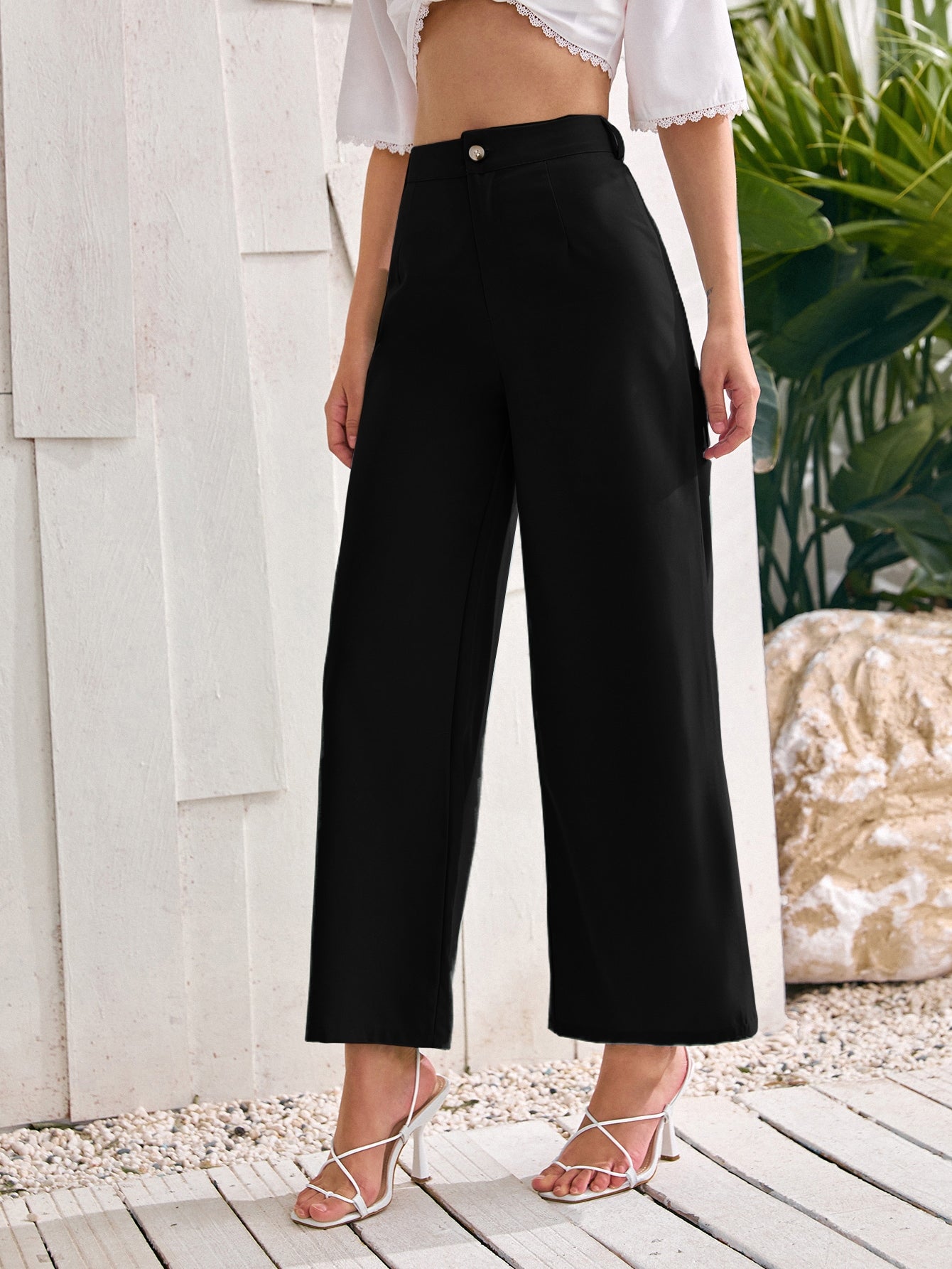 Solid Wide Leg Pants - Black