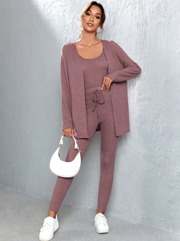 3pcs Waffle Knit Cami Top & Pants & Robe PJ Set