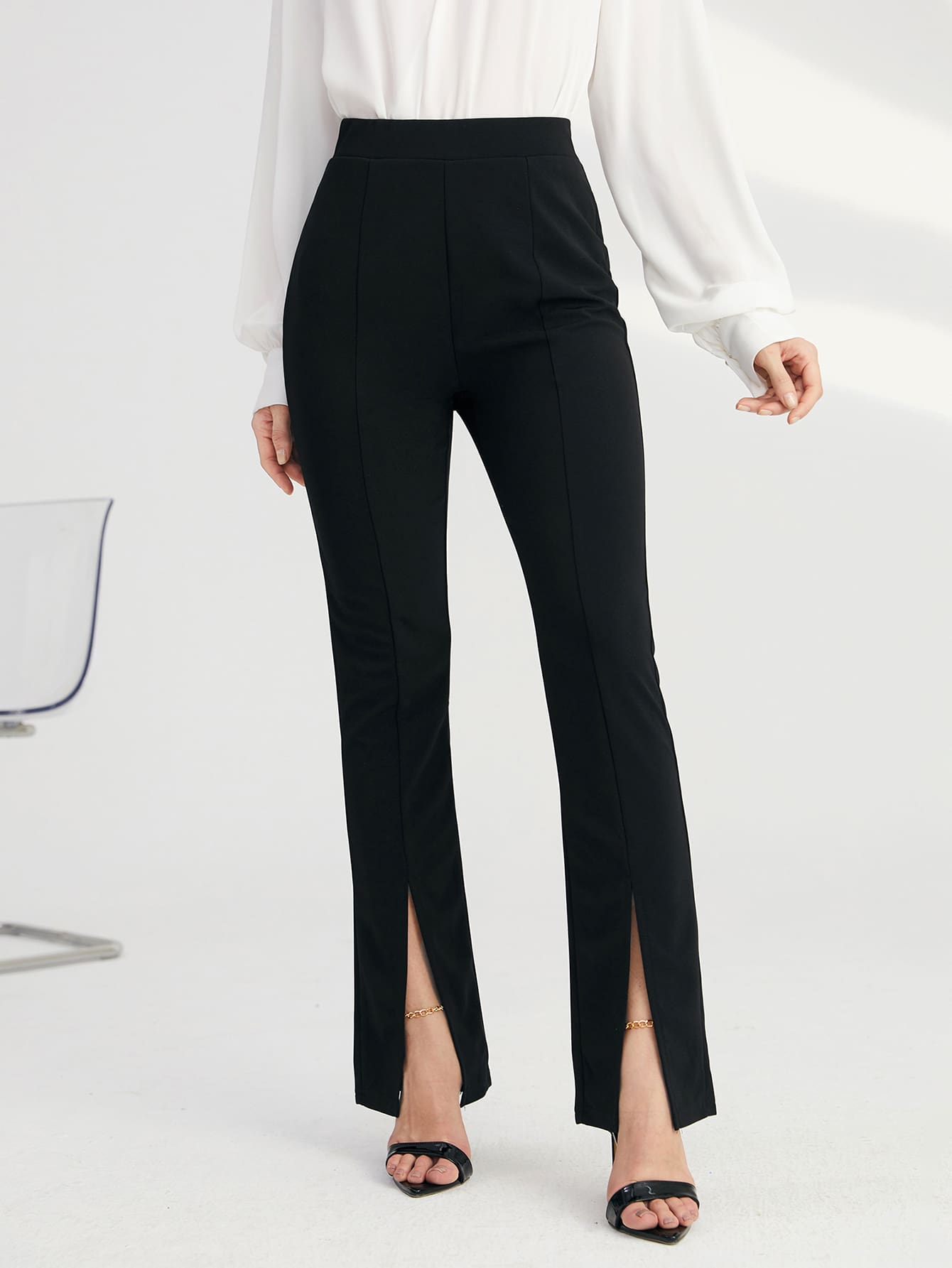 Solid Split Hem Pants_Black