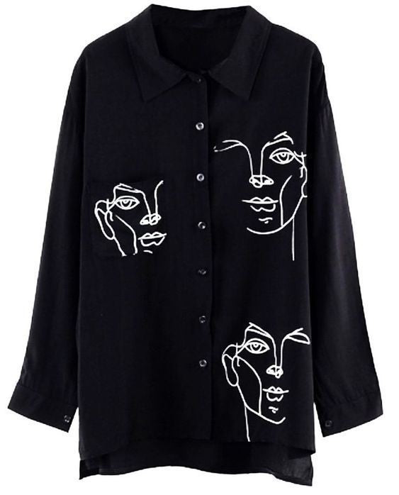 Abstract Faces Button Up_ Black
