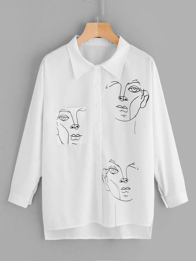 Abstract Faces Button Up_ White