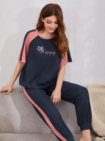 Be Happy Print PJ Set_ Pink Blue