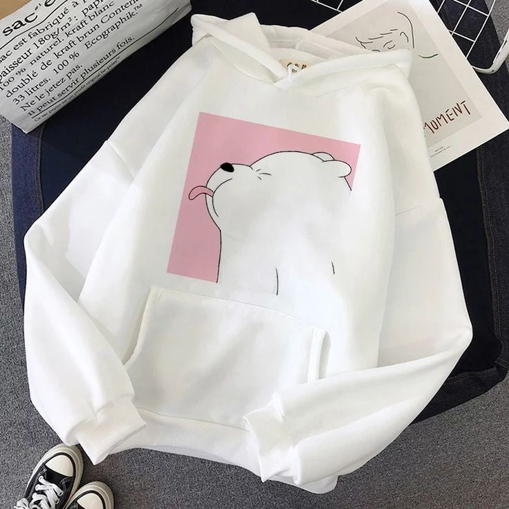 Bear Cartoon Print Hoddie _ White