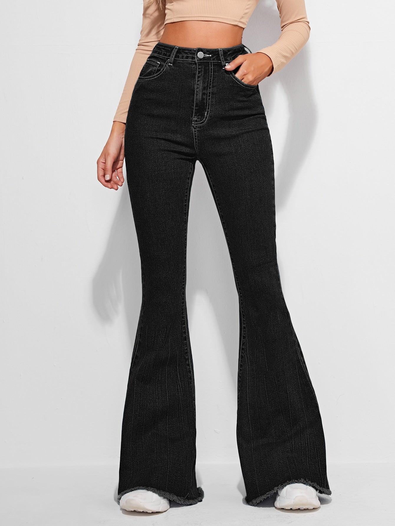 High_Rise Raw Hem Flare Jeans_ Black