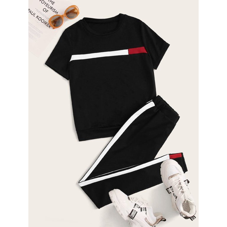 Comfy Tracksuit With Red And White Stripe – Black
