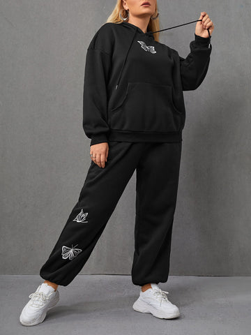 Butterfly Print Kangaroo Pocket Tracksuit-Black