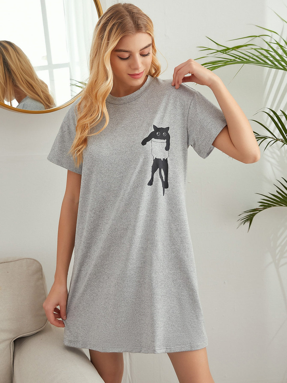 Cartoon Cat Print Night Dress _ Blue