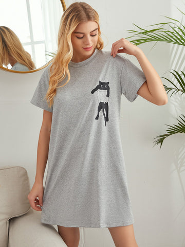 Cartoon Cat Print Night Dress _ Blue