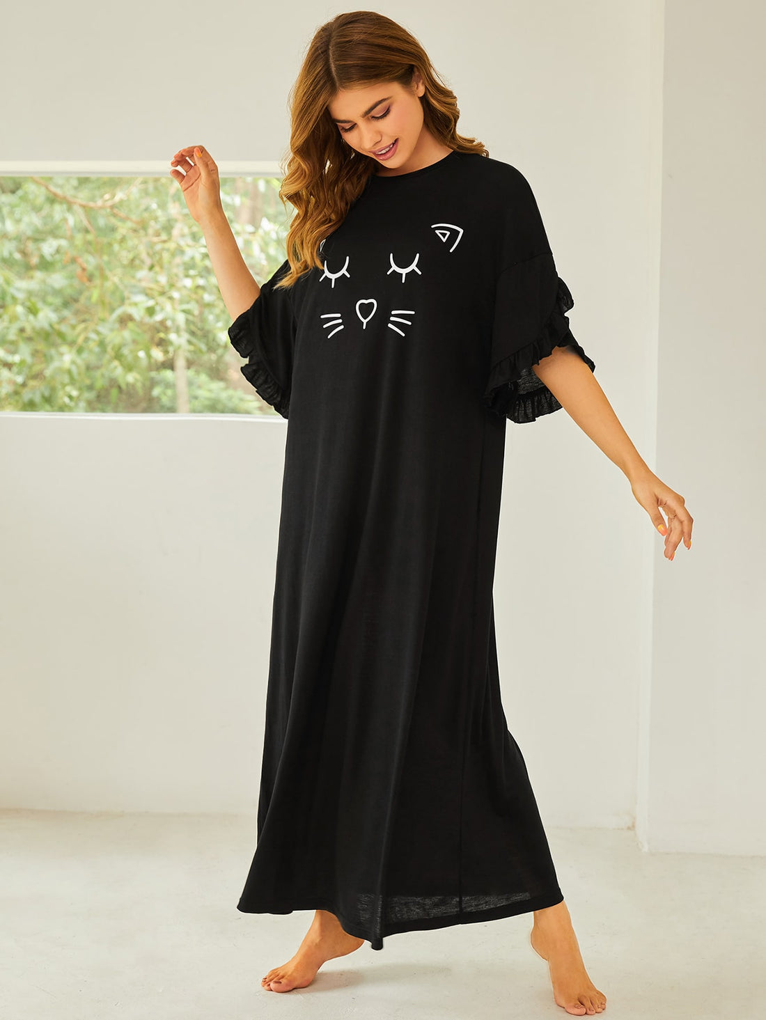 Cat Face Graphic Night Dress _ Black