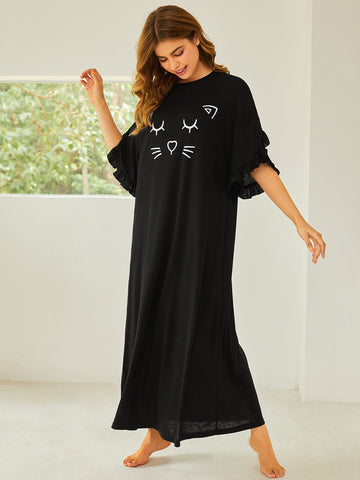 Cat Face Graphic Night Dress _ Black