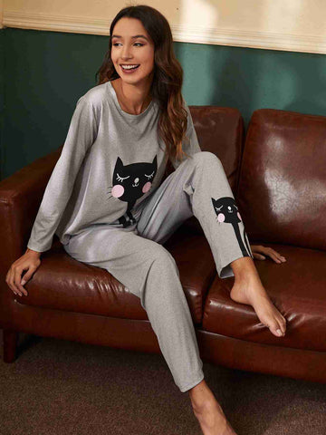 Cat Print PJ Set_Grey