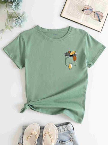 Cats In Pocket T Shirt – Green