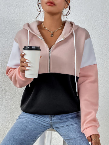 Color Block Hoddie _ Dusty Pink White Black Pink