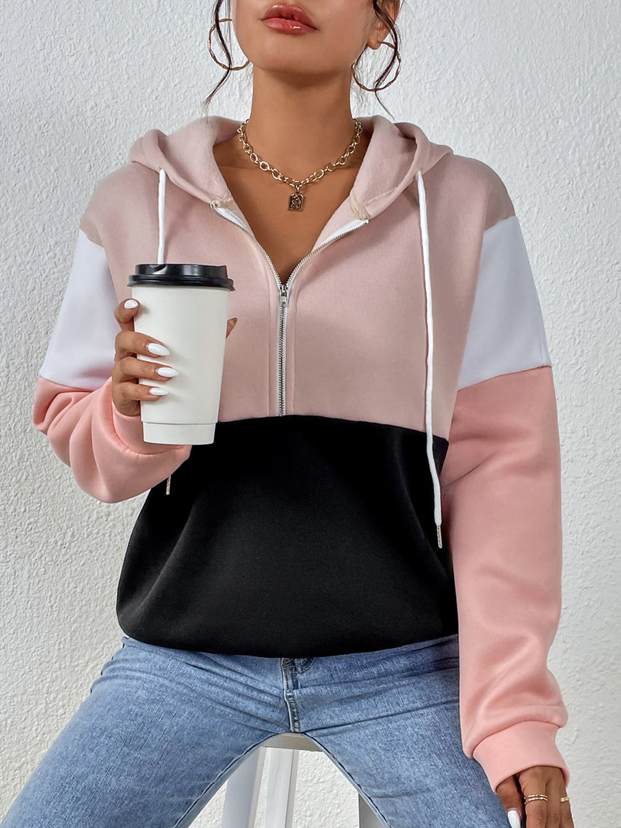 Color Block Hoddie _ Dusty Pink White Black Pink