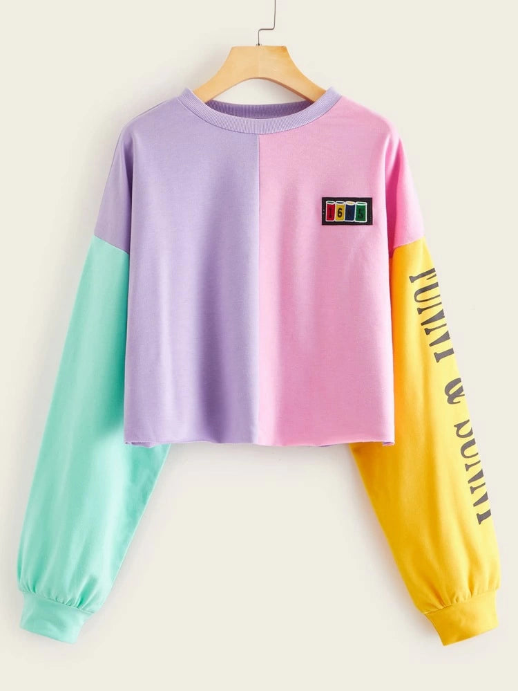 Color Block Short Slogan Sweatshirt_ Mix Colour