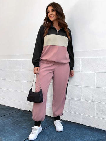 Color Block Zip Up Drop Shoulder Drawstring-Dusty Pink