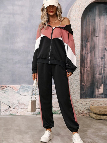 Color Block Zip Up Drop Shoulder Drawstring Tracksuit-Tea Pink