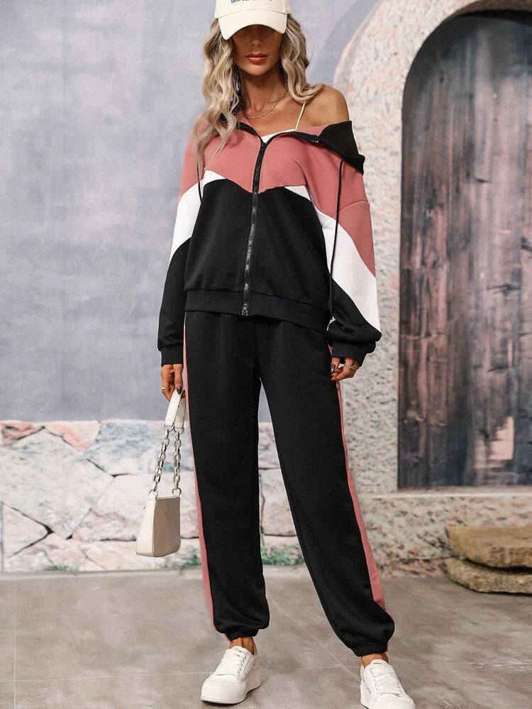Color Block Zip Up Drop Shoulder Drawstring Tracksuit-Tea Pink