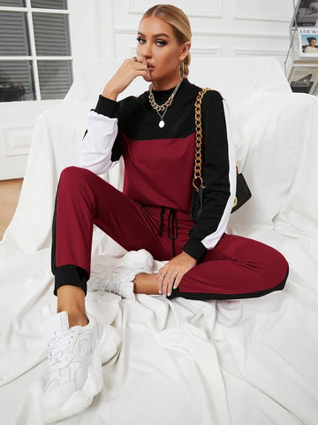 Colorblock Mock Neck Tracksuit-Maroon