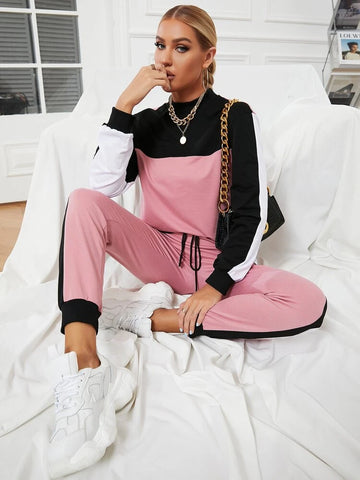 Colorblock Mock Neck Tracksuit-Pink