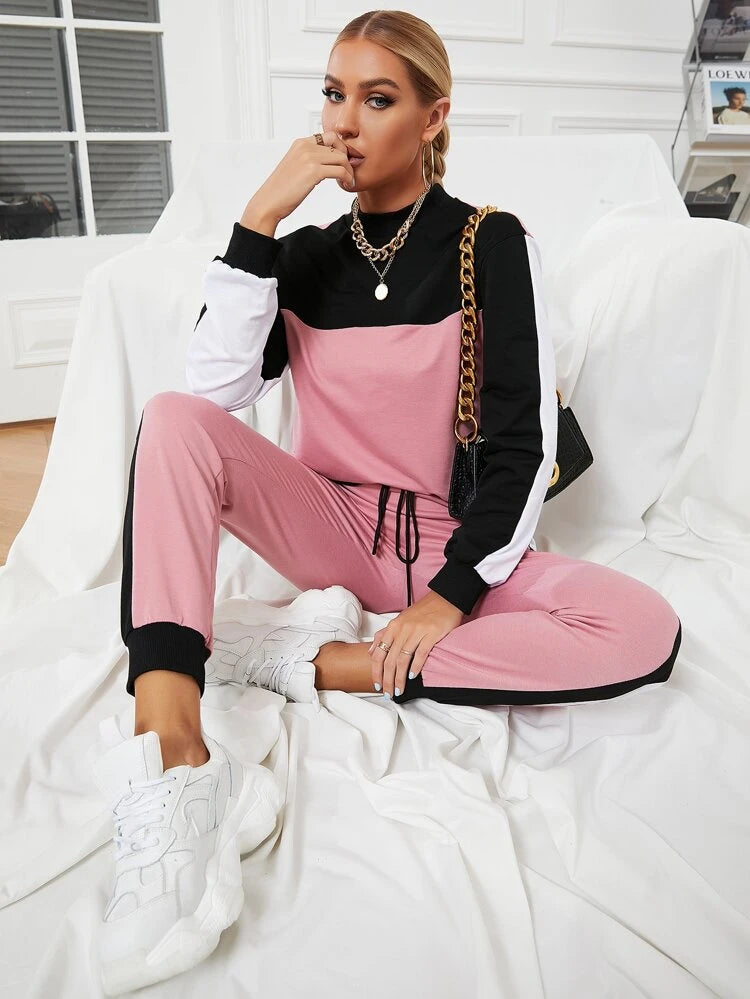 Colorblock Mock Neck Tracksuit-Pink