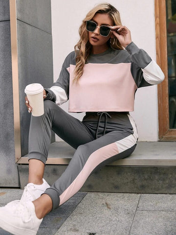 Colorblock Sweatshirt & Sweatpants Tracksuit-Grey