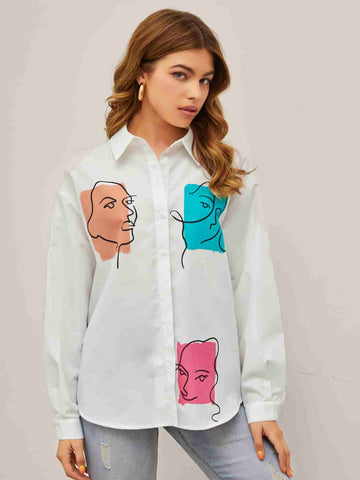 Colored Abstract Faces Button Up_ White