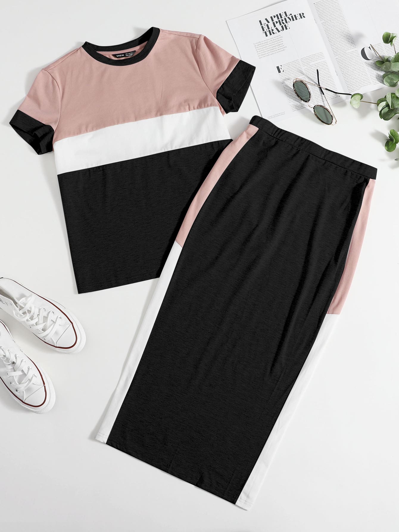 Colour Block Top & Skirt _ White Black Pink