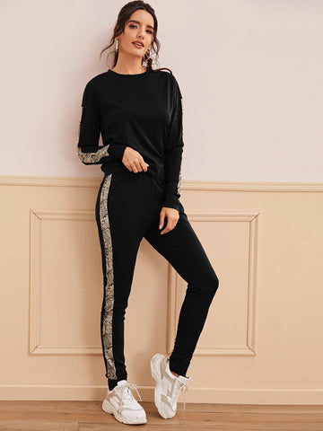 Contrast Side Seam Tracksuit-Black