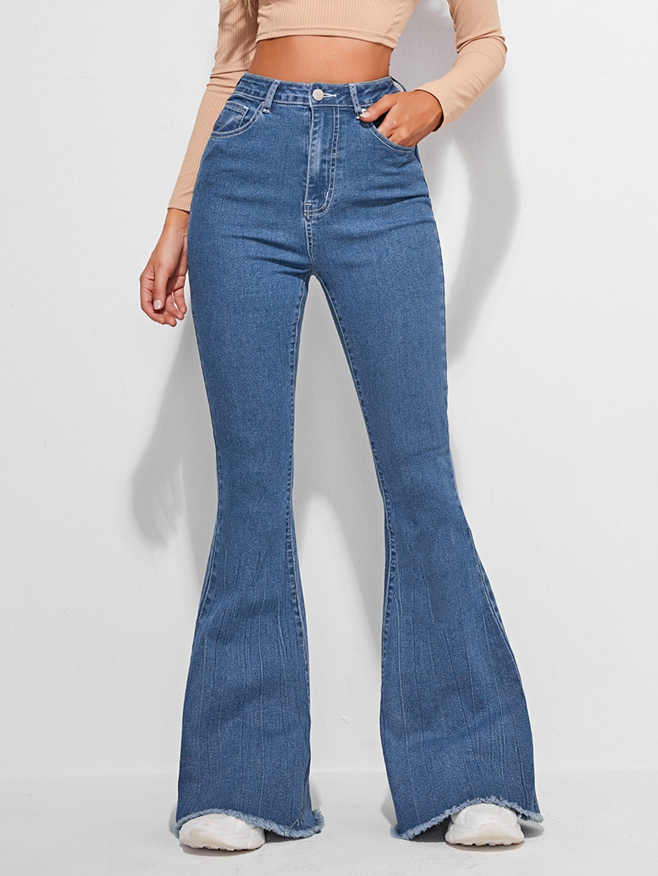High_Rise Raw Hem Flare Jeans_ Blue