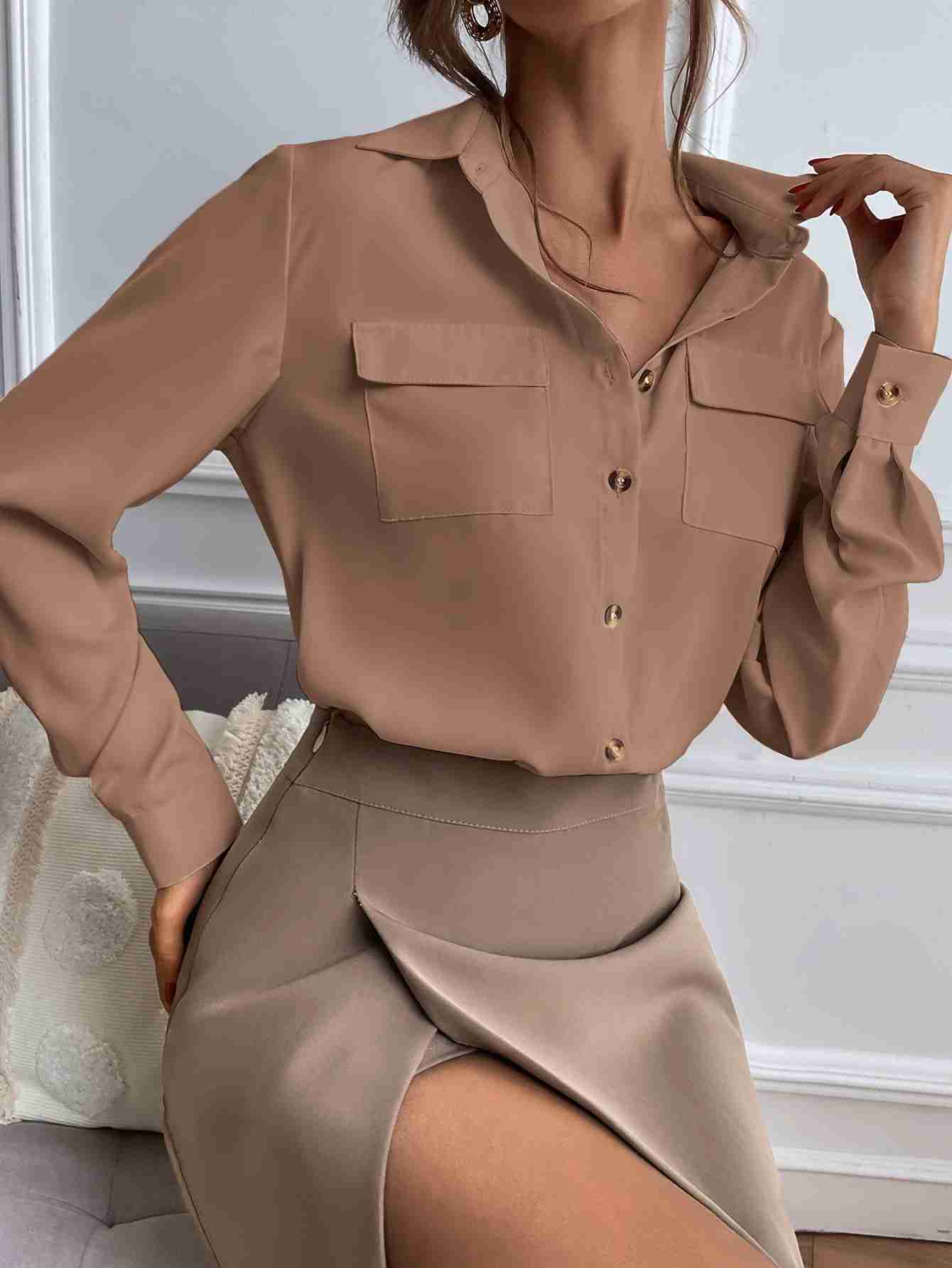 Double Pocket Button Up Shirt_ Brown