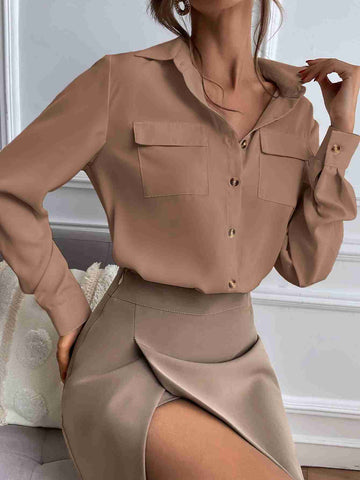 Double Pocket Button Up Shirt_ Brown