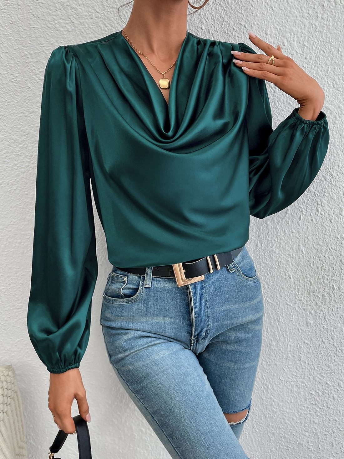 Draped Collar Lantern Sleeve Satin Blouse - Seagreen