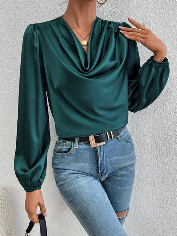 Draped Collar Lantern Sleeve Satin Blouse - Seagreen