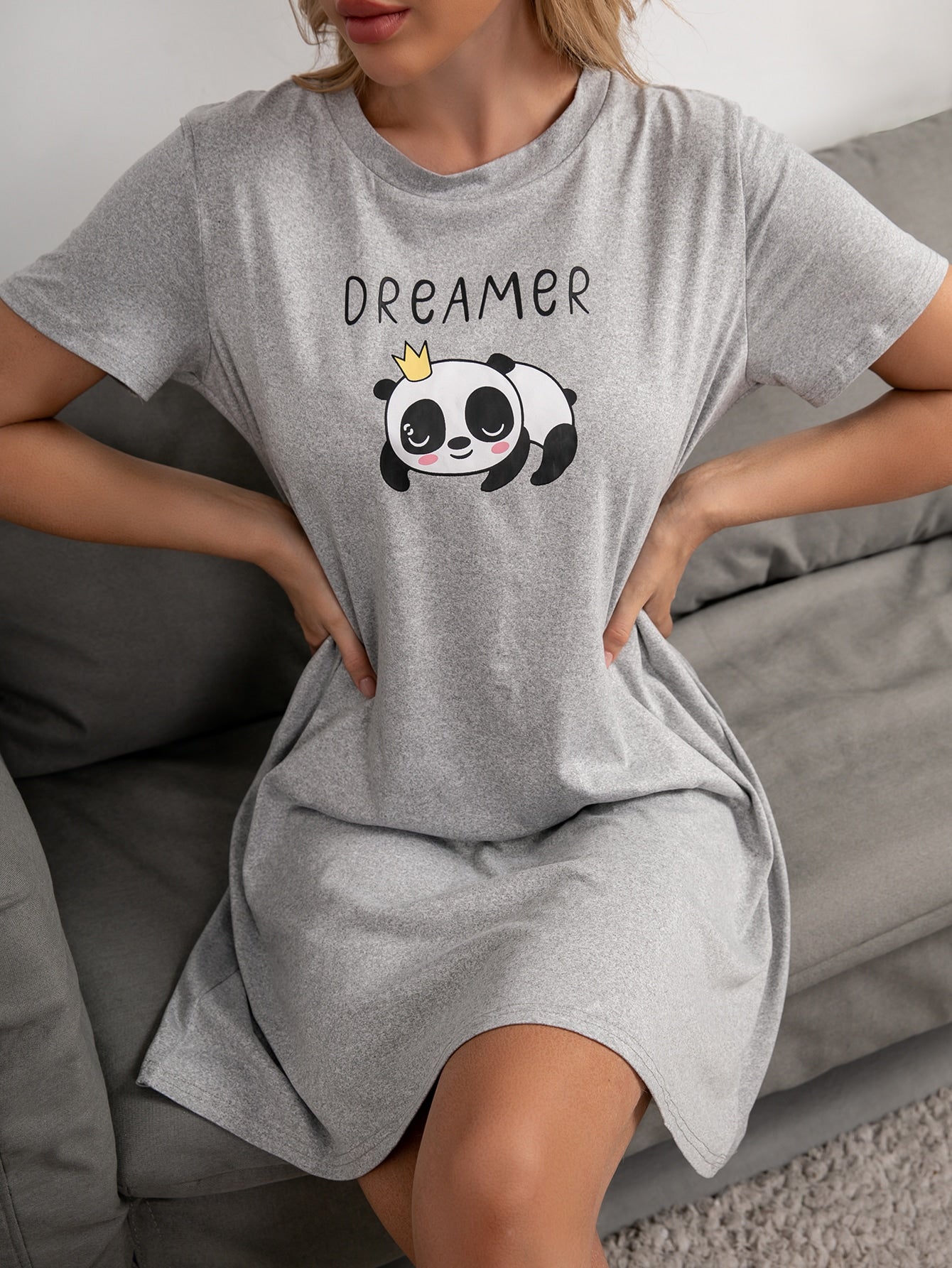 Dreamer Panda Print Night Dress _ Grey
