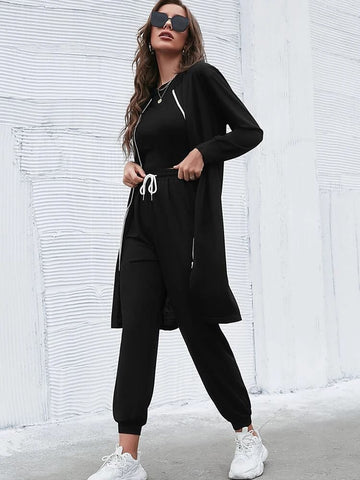 Drop Shoulder Zip Front Tracksuit-Black