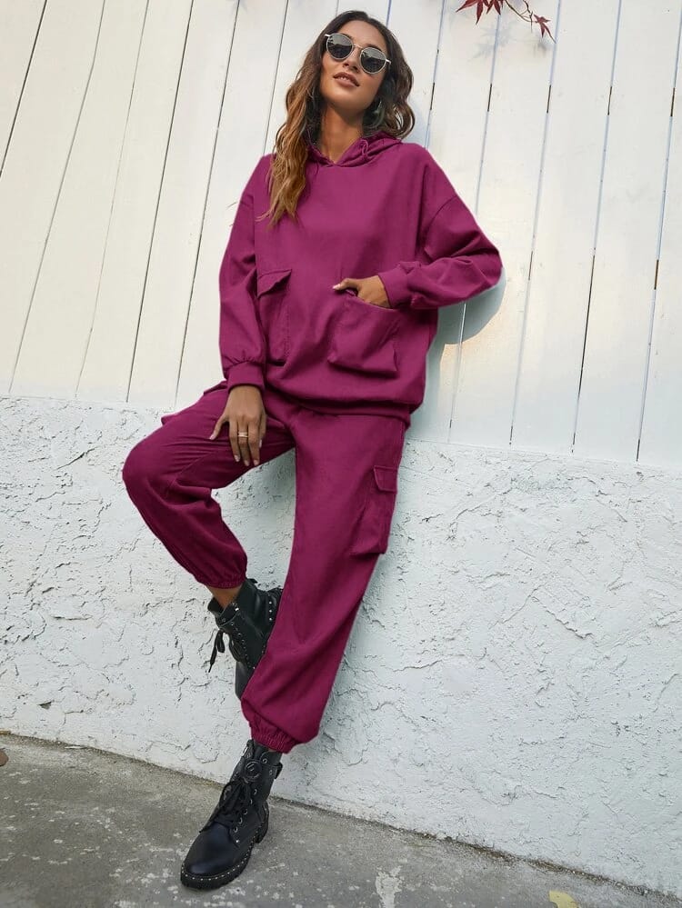 Dual Pocket Hoddie With Cargo Pant-Pink