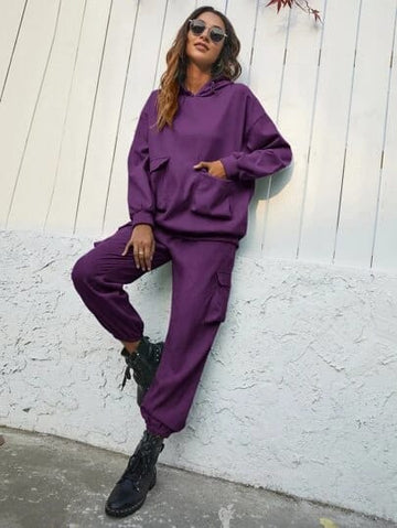 Dual Pocket Hoddie With Cargo Pant-Purple
