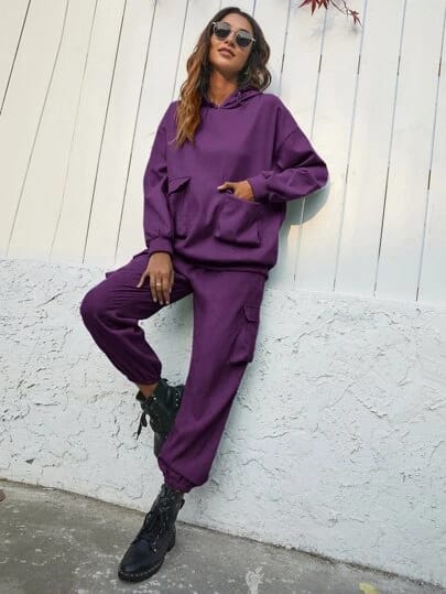 Dual Pocket Hoddie With Cargo Pant-Purple