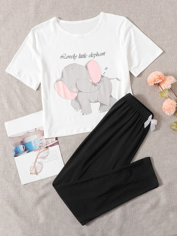 Elephant Print PJ Set_White Black