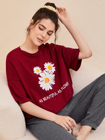 Flowers Print PJ Set_Maroon Grey