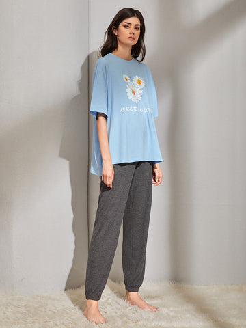 Flowers Print PJ Set_Sky Blue Grey