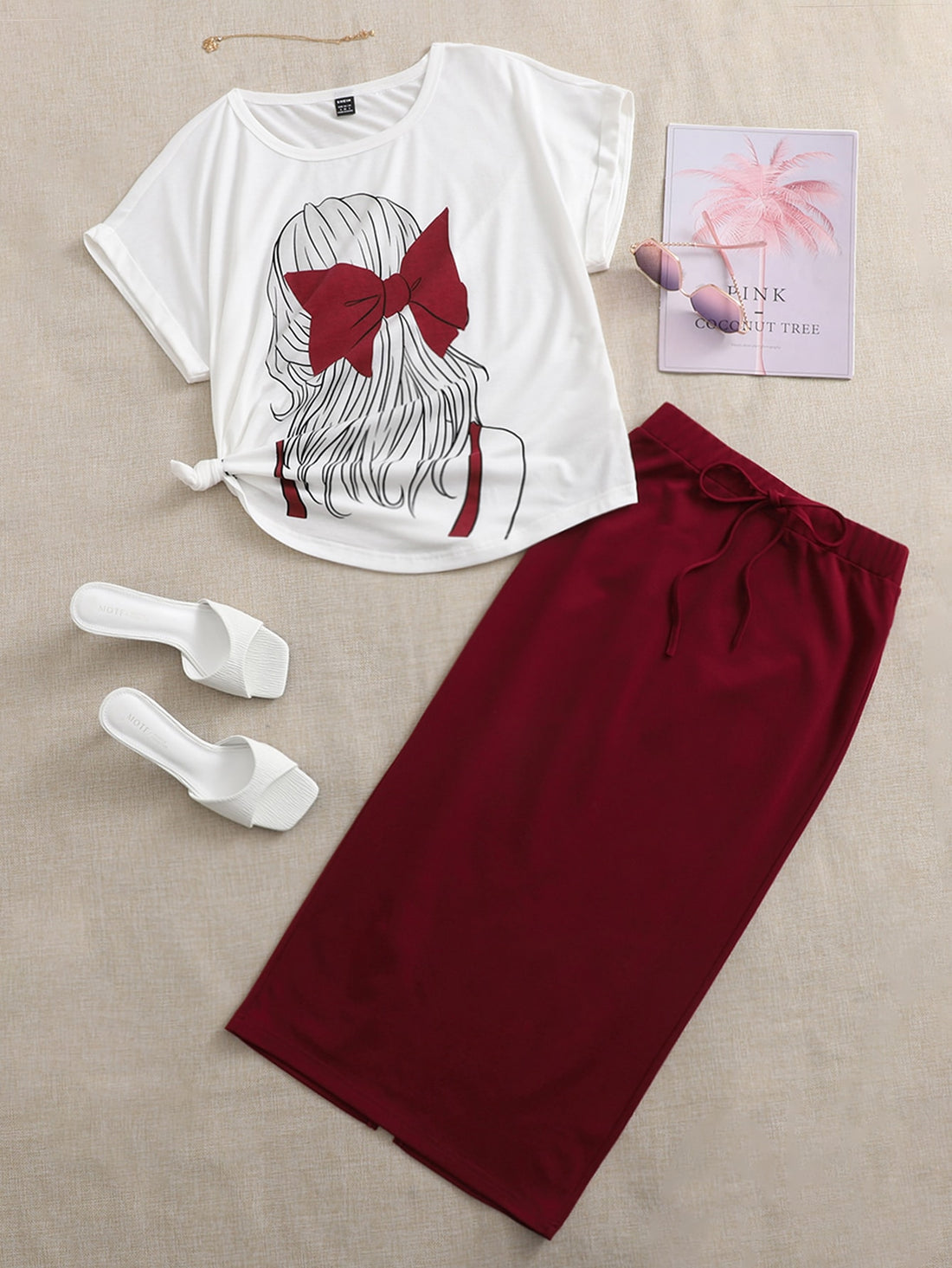 Girl Top & Skirt _ White Maroon