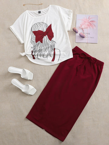 Girl Top & Skirt _ White Maroon