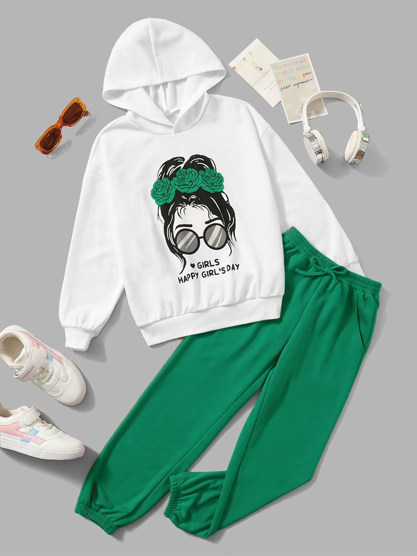 Girls Letter And Figure Graphic Tracksuit-Green